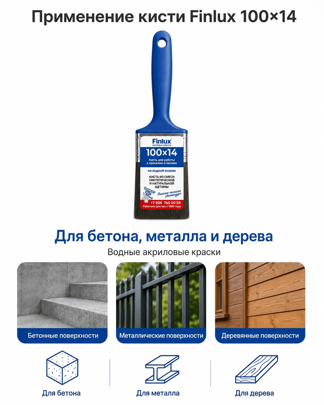 Кисть для лаков и красок на водной основе FinluxHome DECOR 100х14