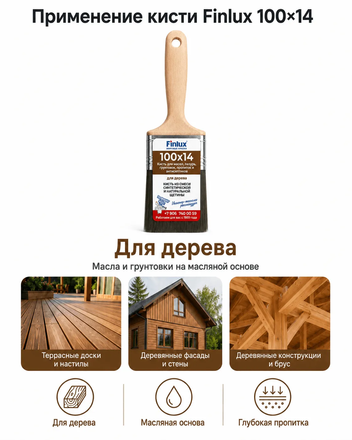 Кисть для масел,  грунтовок, пропиток и антисептиков на масляной основе FinluxHome DECOR 100х14 мм
