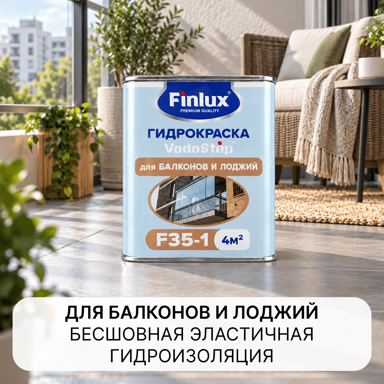 Finlux VodoStop F-35-1 Многофункциональная полимерная гидроизоляционная краска 5-го поколения для надежной защиты балконов и лоджий 4 кв.м. Бесцветная