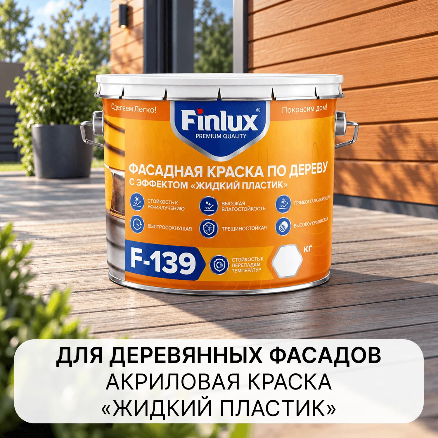 Finlux F-139 / Финлюкс Ф-139 фасадная акриловая краска по дереву, с эффектом «жидкий пластик»